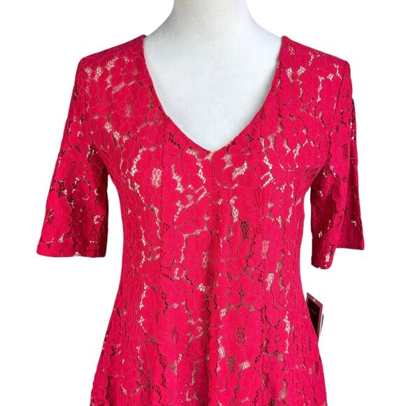 Julian Taylor NWT Red Floral Lace Sheer Nude Lining V-neck Trapeze Party Dress - Picture 6 of 14